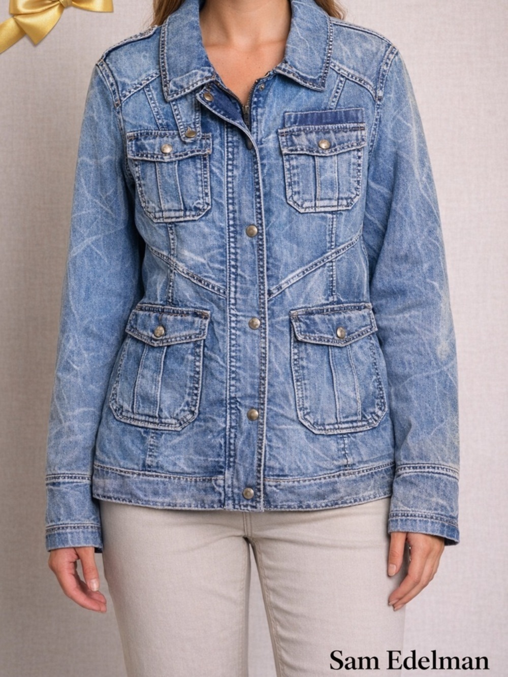 Sam Edelman Denim Jacket Snap Placket Pocket Medium Wash Size XL